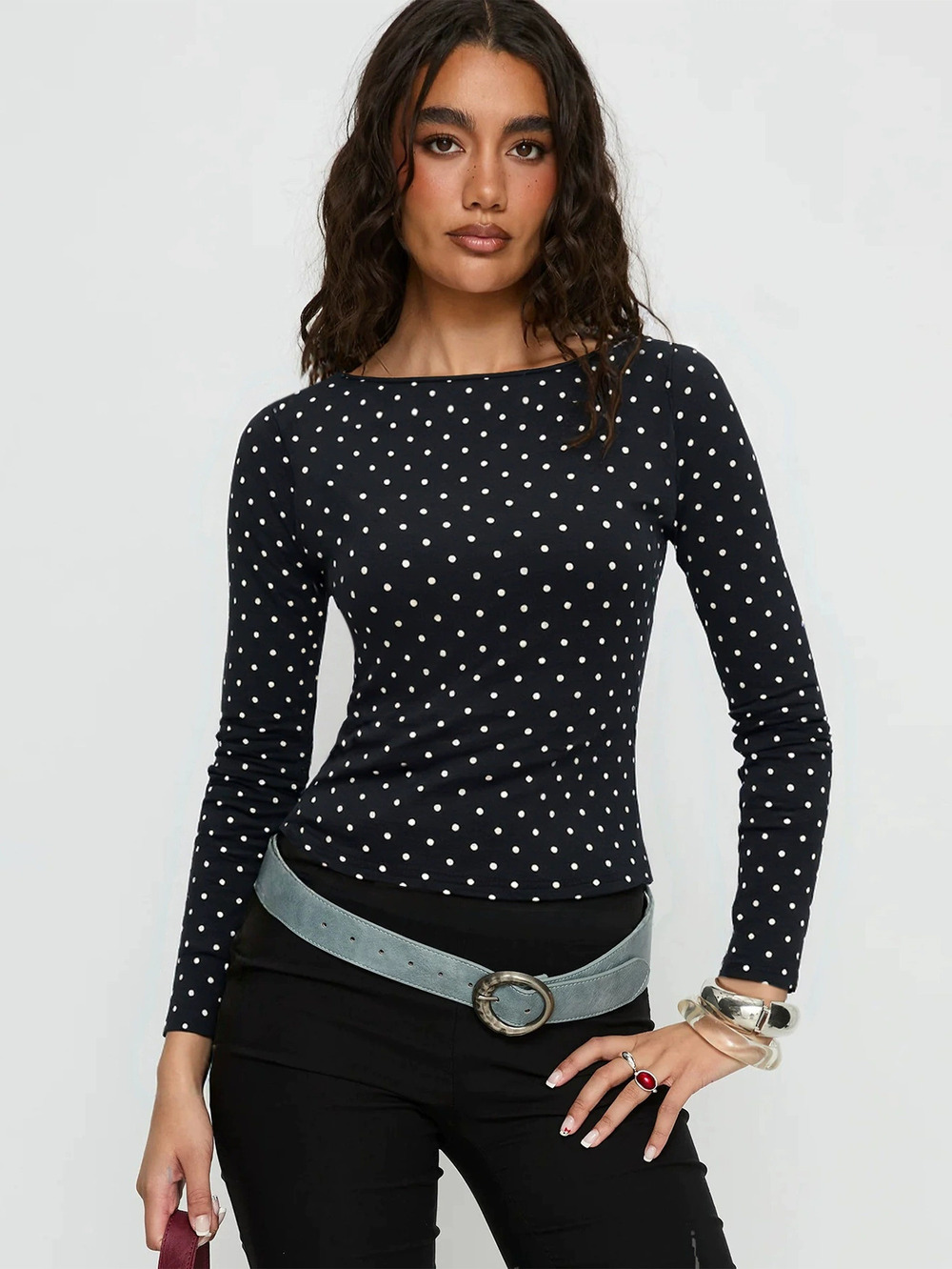 ZARA Black White Polka Dot Tee Backless Long Sleeve Slim Retro Layering